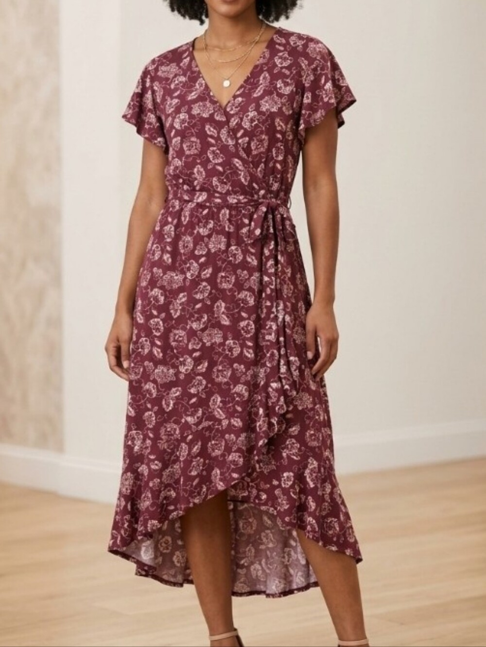 Angels Women's 2X V-neck Burgundy Floral Maxi Dress